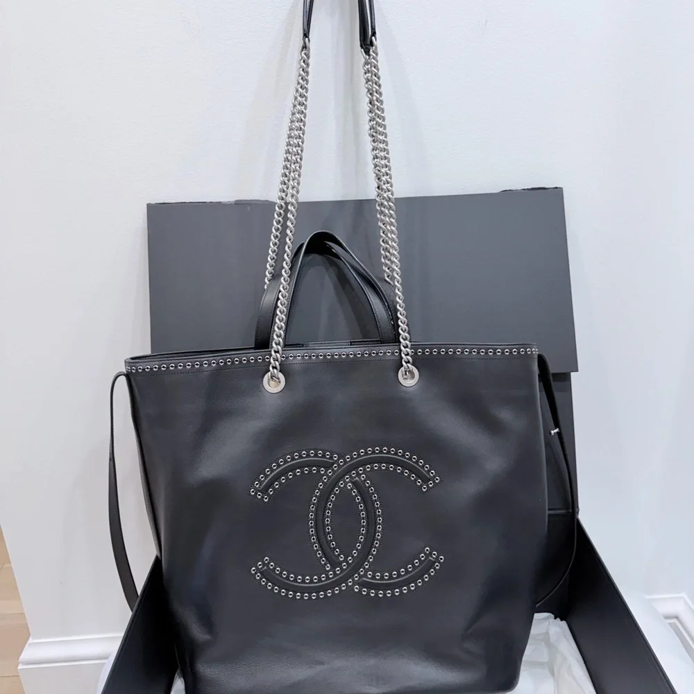 CHANEL COCO EYELET LARGE SHOPPING TOTE Black Calfskin Chain CC Bag Rare
